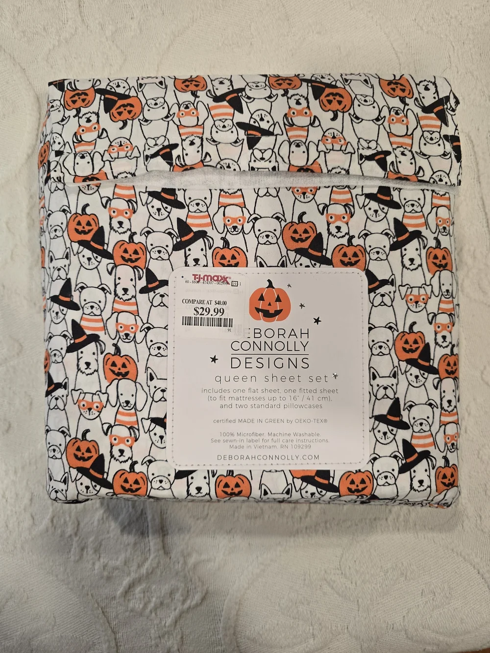 Halloween Pumpkin & Dog Queen Sheet Set - White & Orange